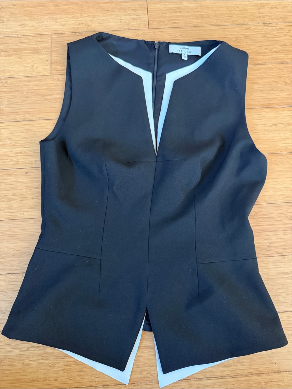 Robert Rodriguez Black Sleeveless Peplum Top with White Trim